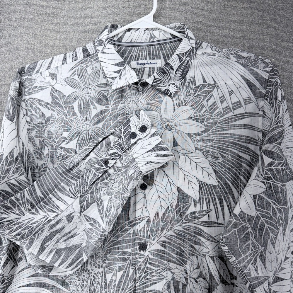 Tommy Bahama Hawaiian Shirt Men Size XL White Black Long Sleeve Linen Button Up